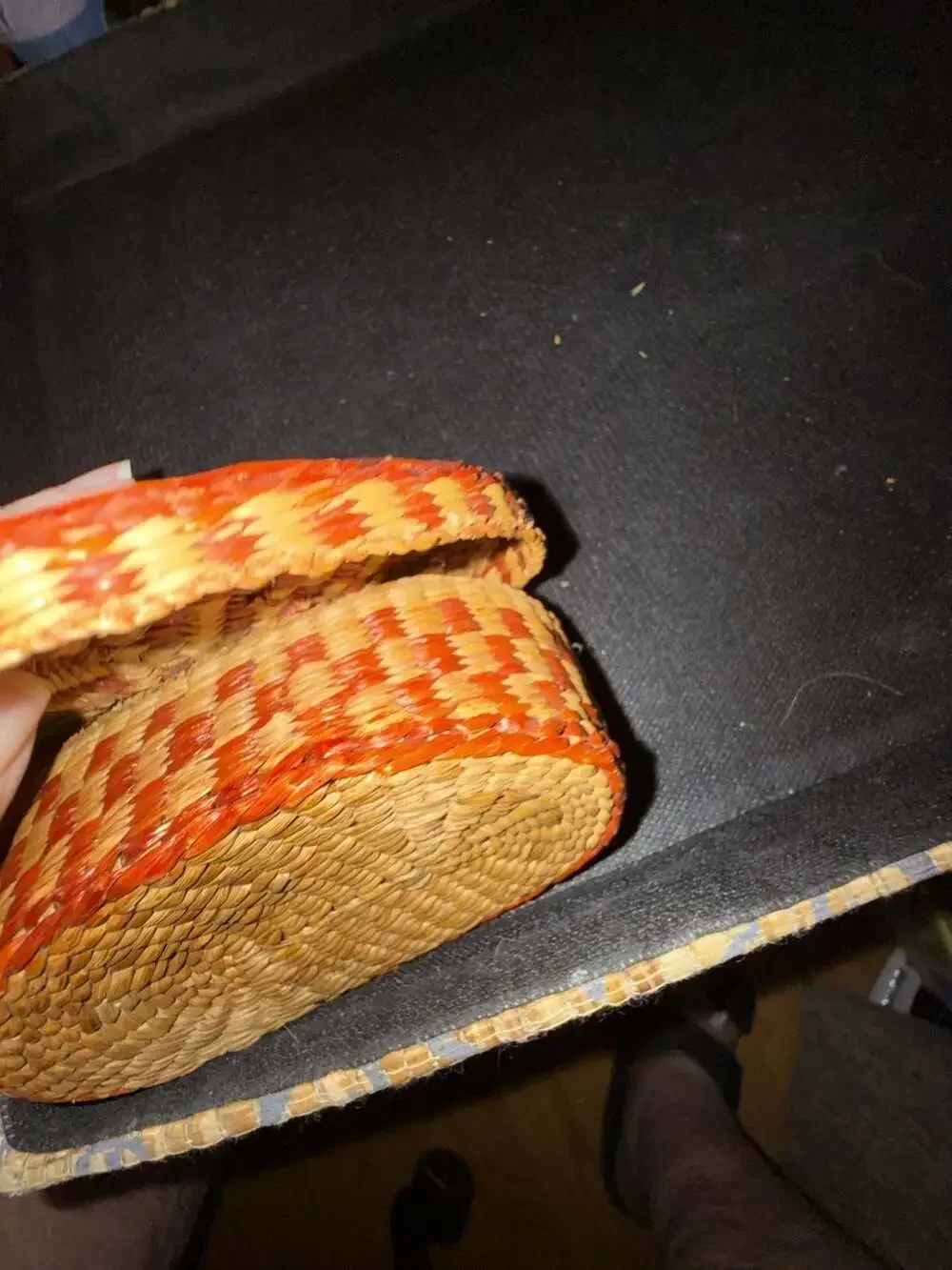 Vintage Hand Woven Oval Straw Lidded Trinket Basket with Red and Natural Woven P